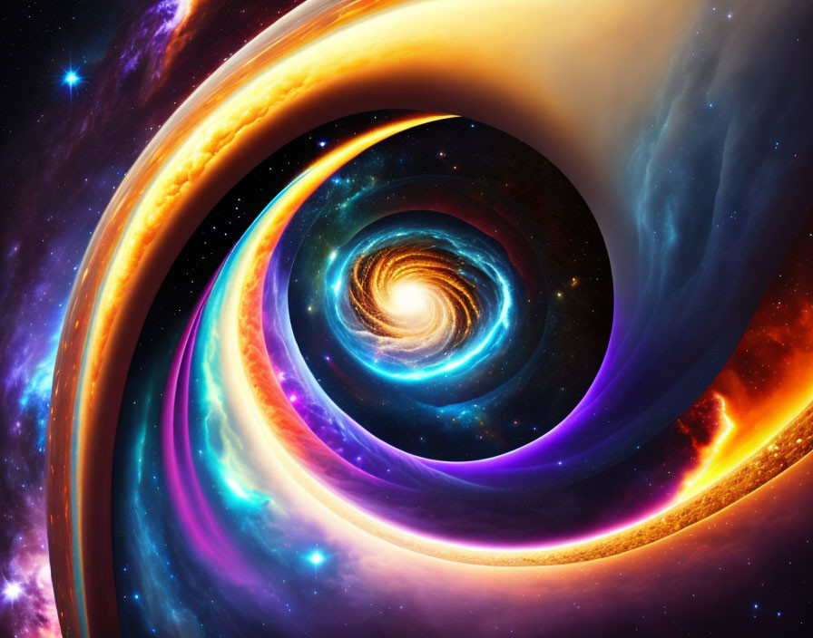 Colorful Swirling Galaxy Artwork with Blue, Orange, and Purple Hues