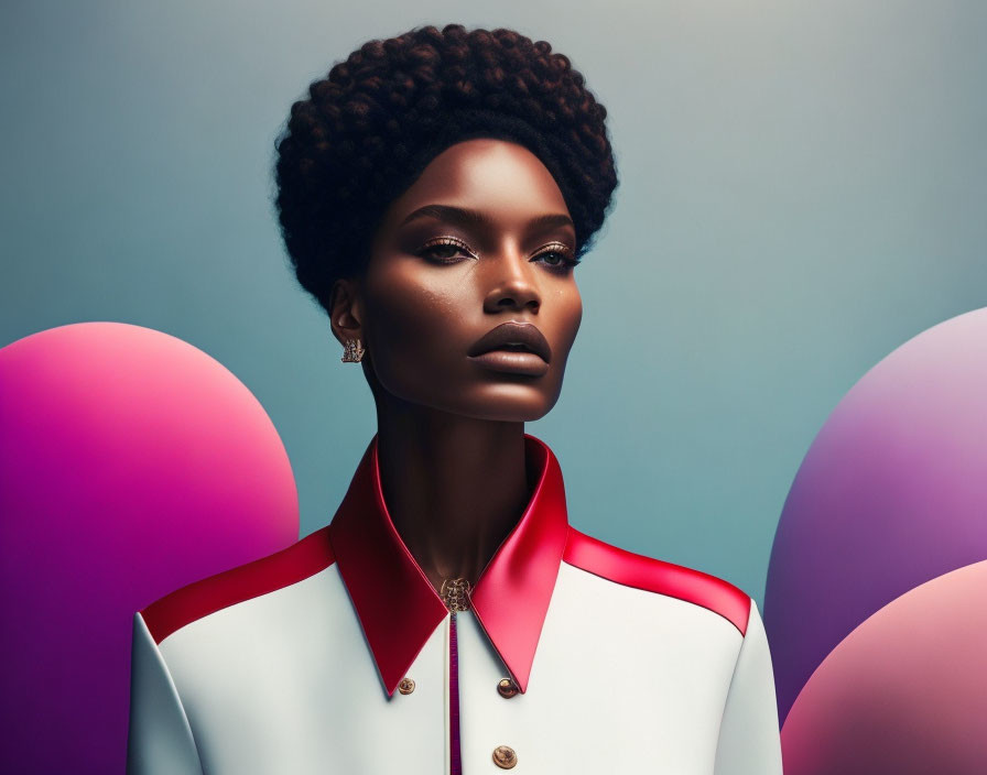 Stylish Afro Woman in White and Red Jacket with Soft-Coloured Spheres