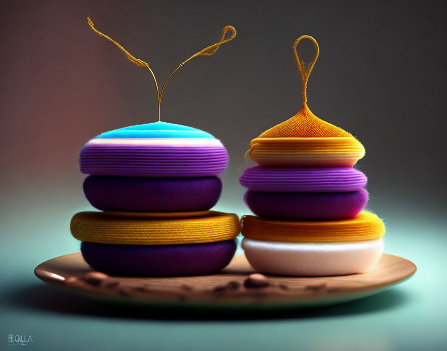 Colorful Thread Spools Styled as Macarons with Needle on Plate