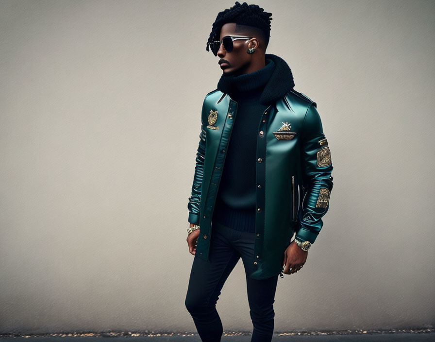 Fashionable individual in dark teal leather jacket with gold details and sunglasses, posing on neutral backdrop