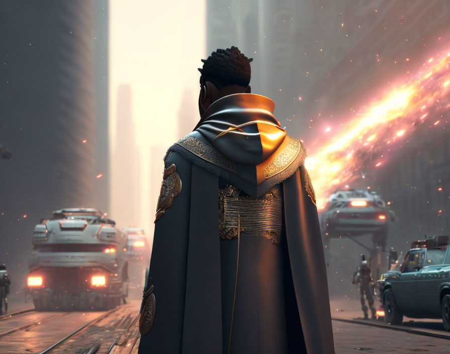 Detailed Cape Worn by Person on City Street with Bright Light and Flying Vehicles