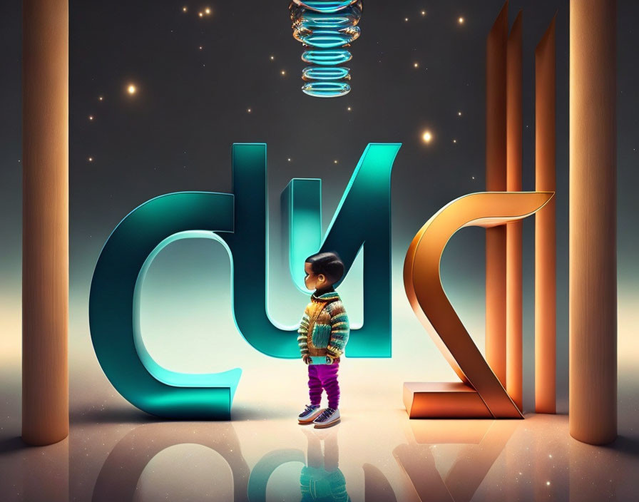 Child looking at stylized letters "DUS" under glowing spiral with stars.