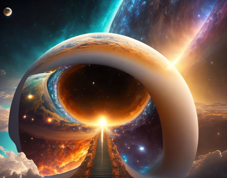 Surreal sci-fi landscape with Möbius strip structure, planets, starry sky, sun