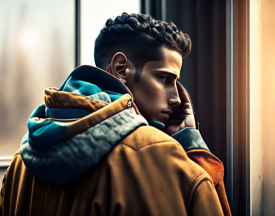 Stylish person in colorful jacket gazes out window