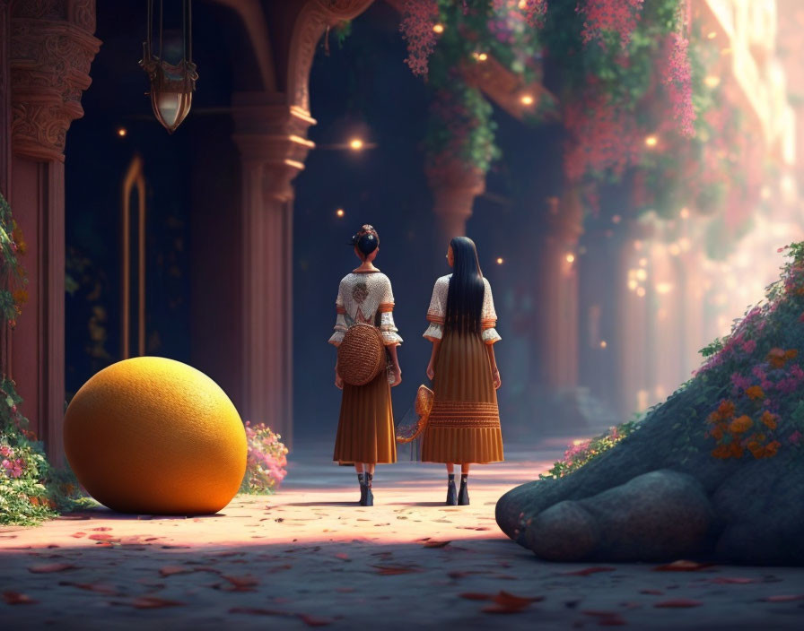 Fantastical garden scene: Two women near archway with orange sphere