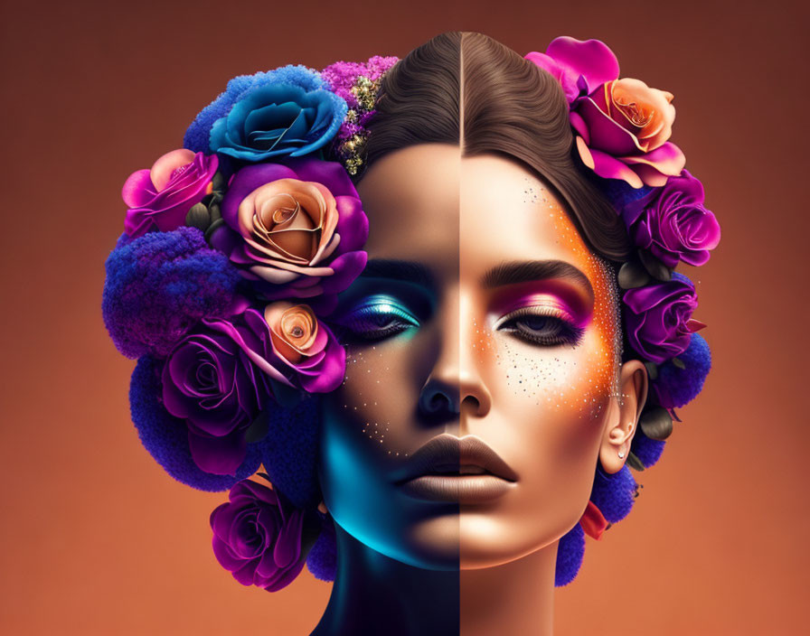 Digital artwork: Woman's face split in two styles - natural side with flowers, vibrant blue skin with