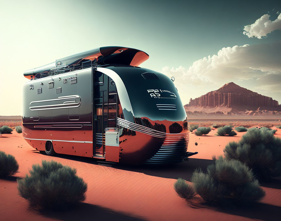 Sleek Black and Silver Futuristic RV in Desert Landscape