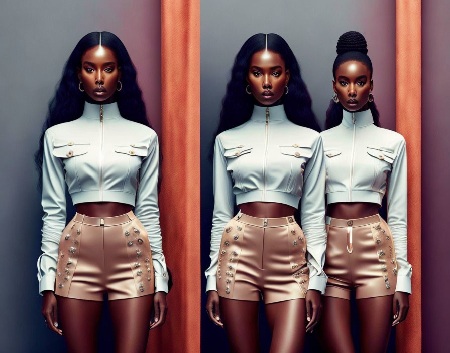 Identical fashion images: model in futuristic outfit, two hairstyles, dual-toned backdrop.