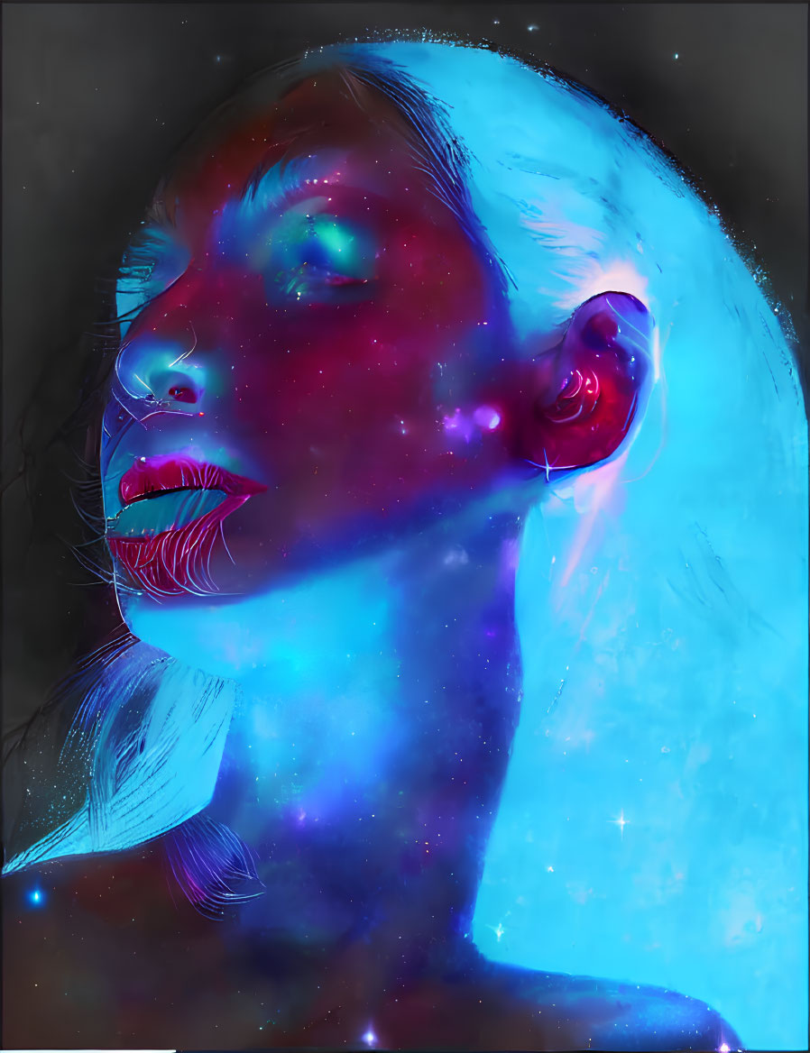 Woman's profile digital artwork with cosmic theme in vibrant blue and red hues.