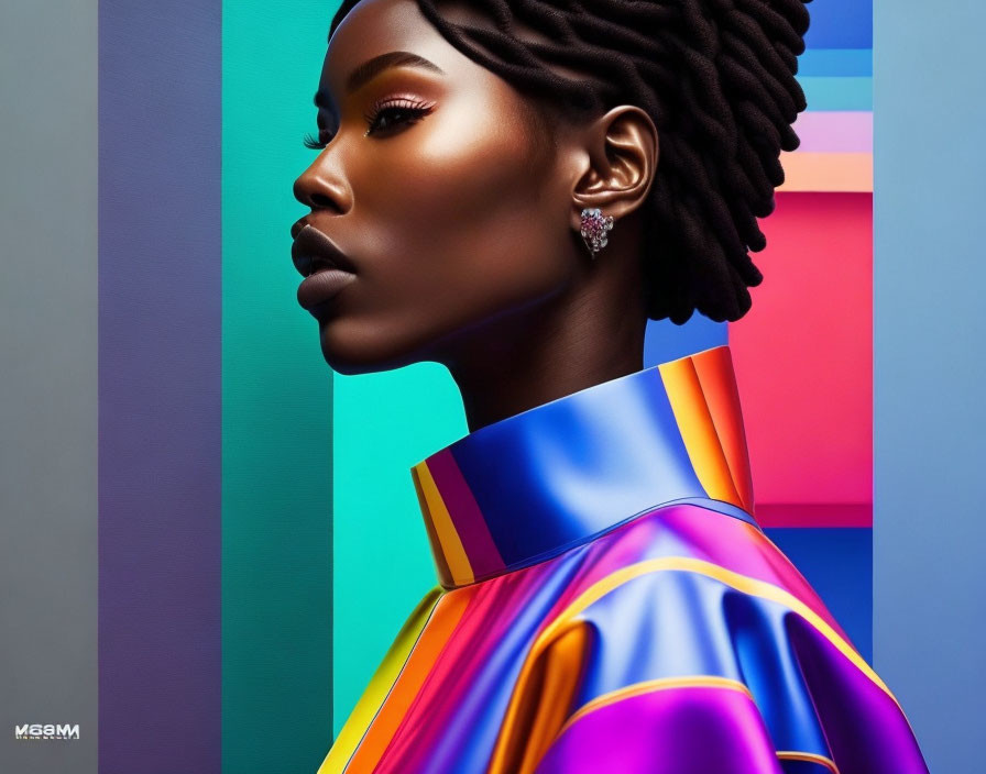 Profile view of person with dark skin, high cheekbones, colorful high-collar outfit, locs hairstyle