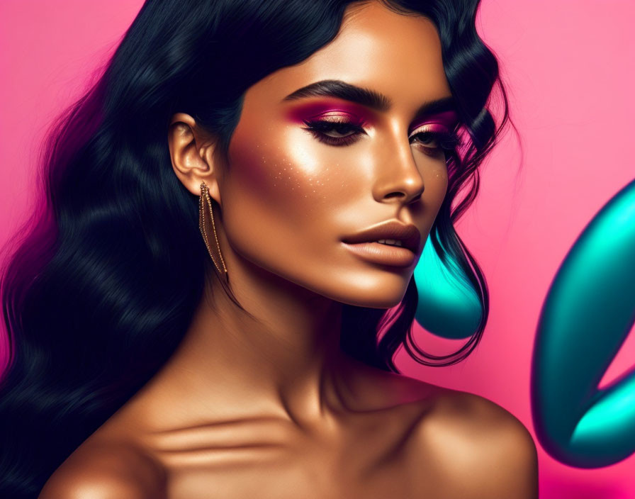 Digital portrait of woman with glamorous makeup and neon lights