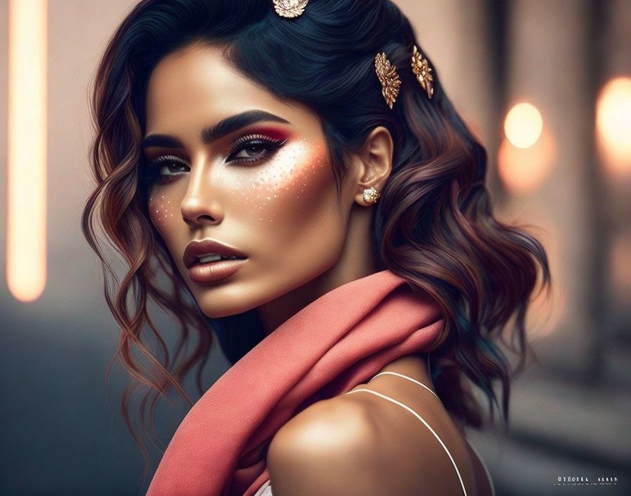 Digital art portrait of woman with dramatic makeup and gold hair accessories in pink scarf against blurred city backdrop.
