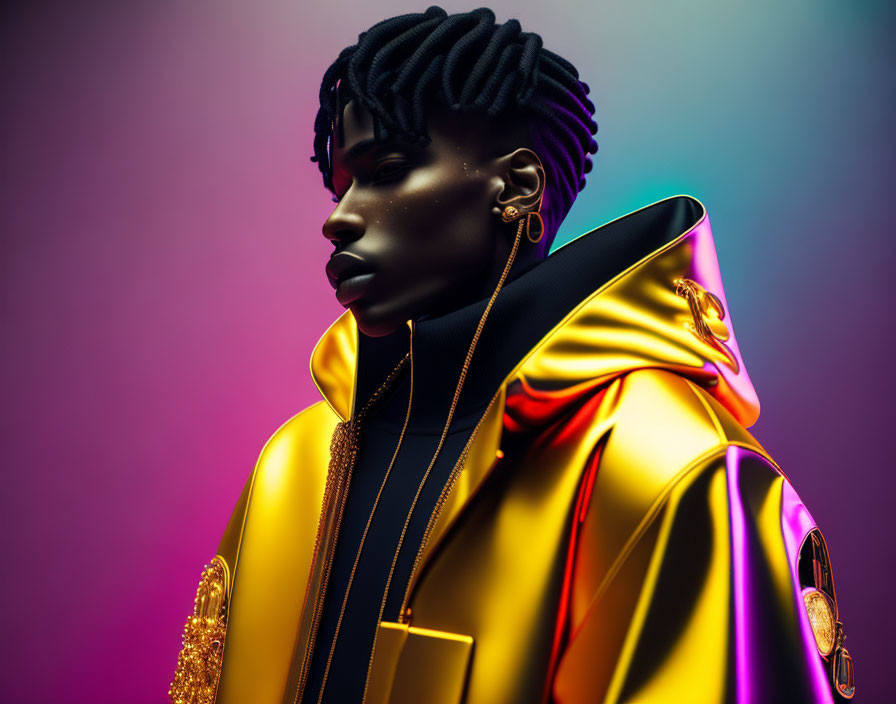 Profile view of person with twisted hair in golden jacket on gradient background.