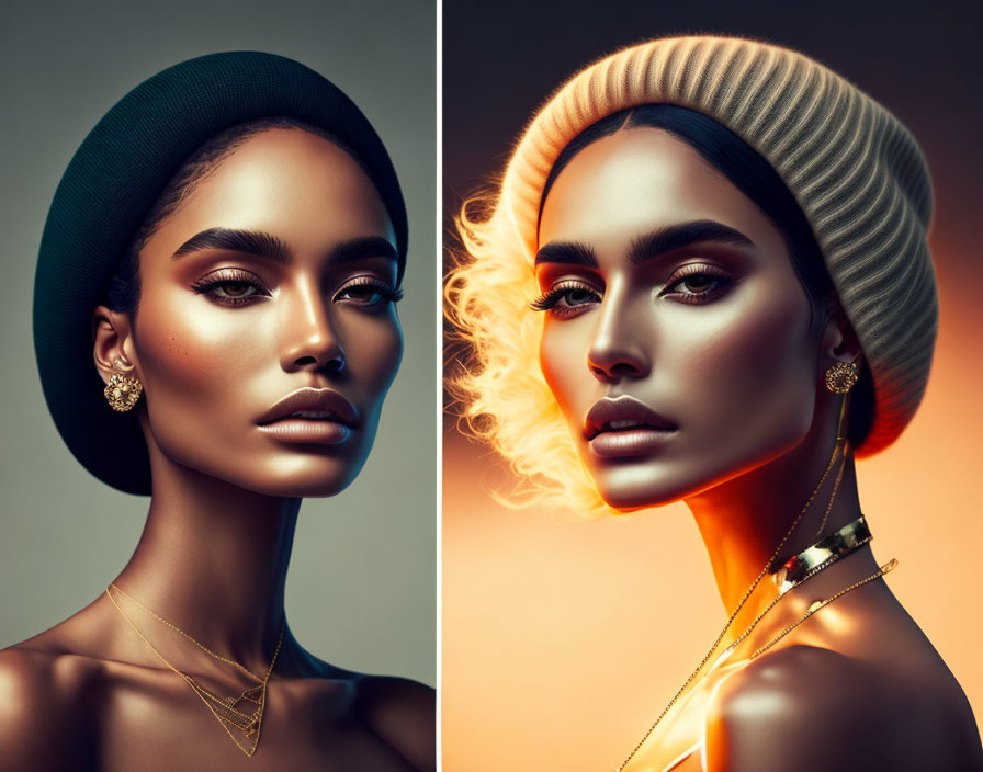 Side-by-side portraits: model with different skin tones, beret, earrings, necklace under warm lighting