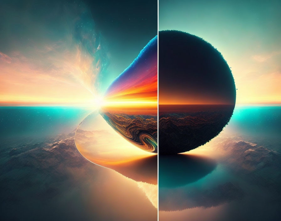 Composite Image: Contrasting Planet Halves - Sunrise vs. Dark Sphere