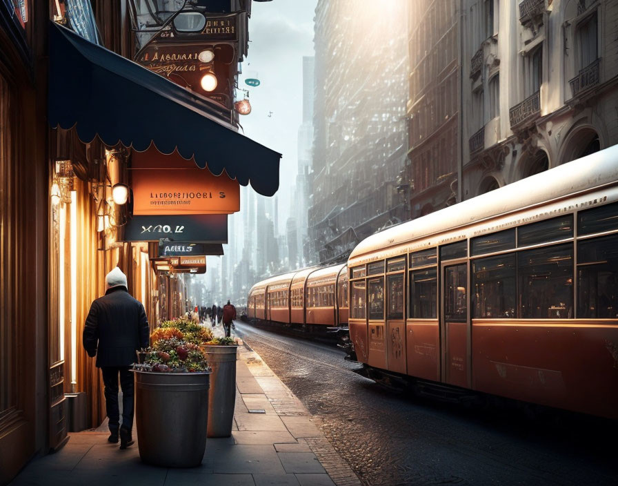 Person Walking Next to Tram on Sunlit Cobblestone Street