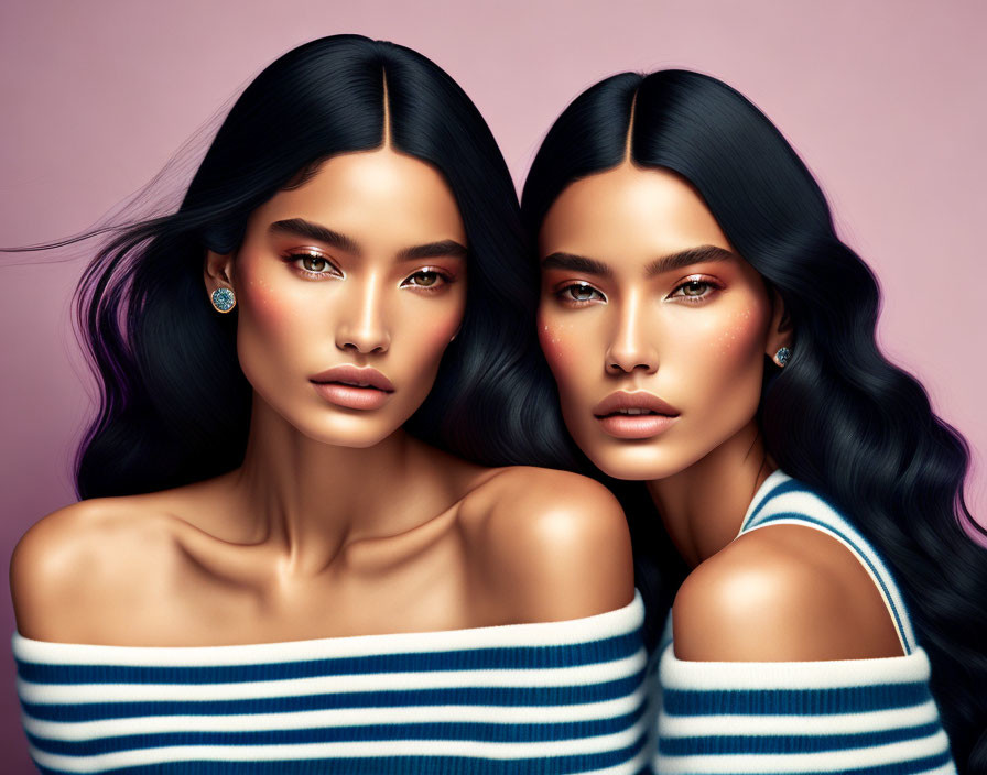 Two Women with Flawless Complexion and Striking Eyebrows in Striped Tops on Pink