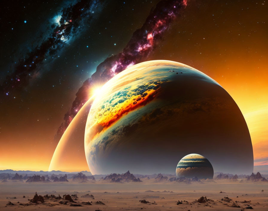 Sci-fi desert landscape with massive planets and starry galaxy