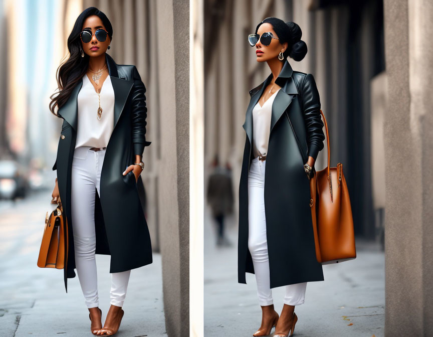 Fashionable Woman in Black Coat and White Trousers Walking City Street