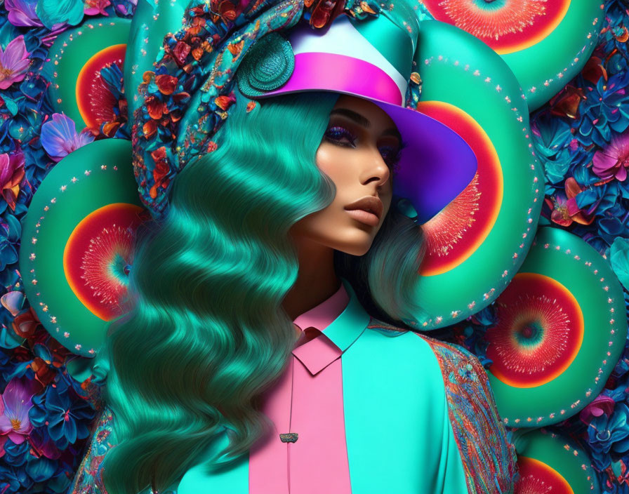 Woman with Teal Wavy Hair in Vibrant Hat and Clothing on Colorful Floral Background