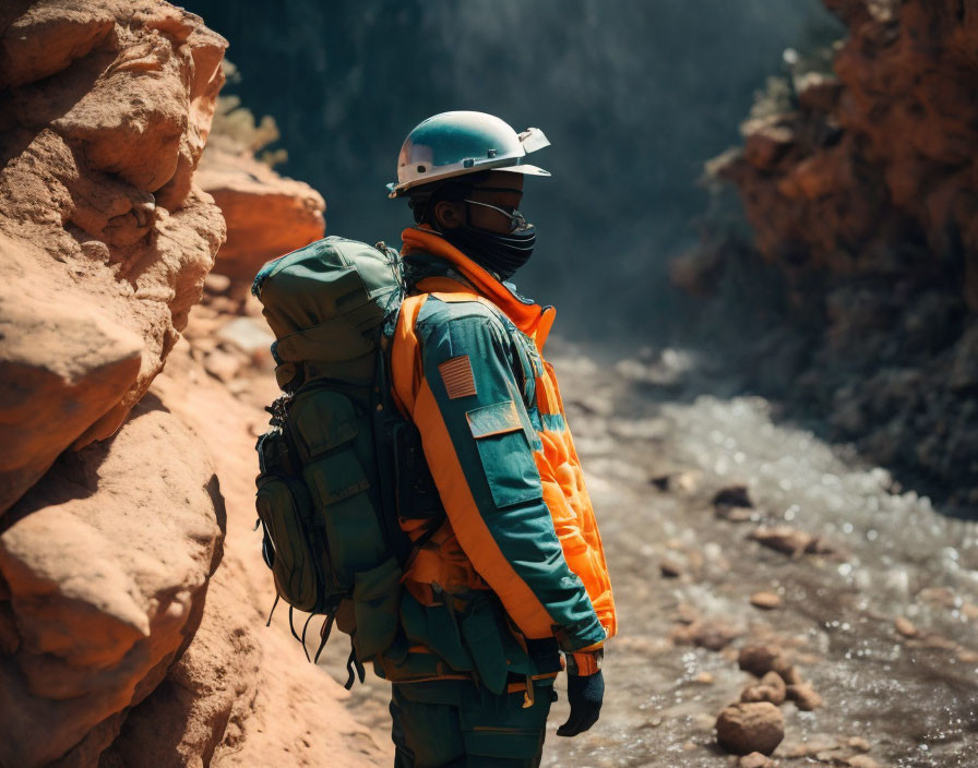 Hiker with helmet, sunglasses, and orange jacket by rocky canyon