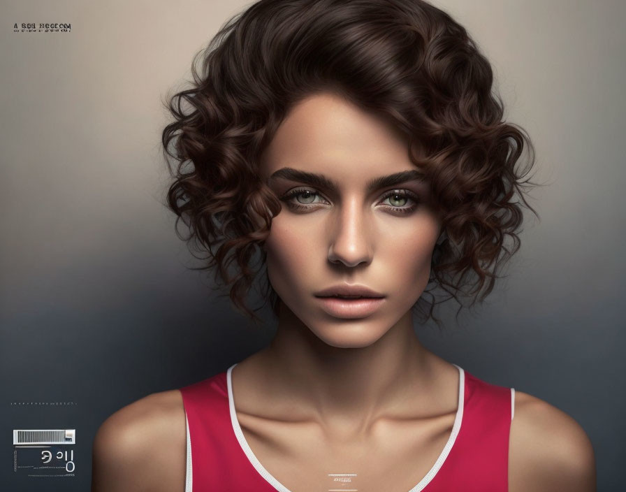 Portrait of woman with curly hair, green eyes, red tank top.