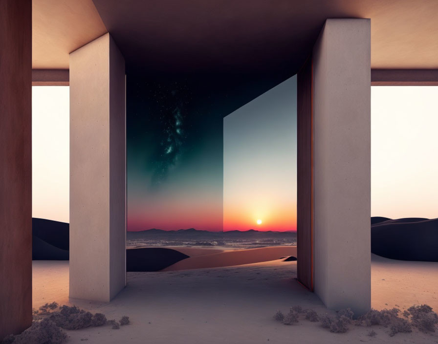 Desert sunset doorway transitions to starry night sky