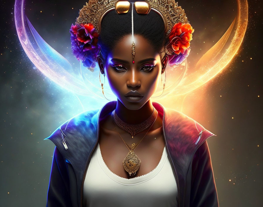 Digital Artwork: Woman with Glowing Earrings and Mystical Halo