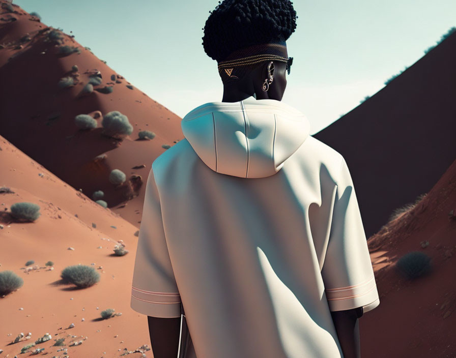 Elegant hairstyle person in stylish white cloak gazing at desert dunes