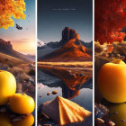 Surreal autumnal scenes: floating landmass, mirrored butte with apples, apple with butterfly