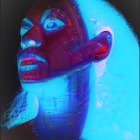 Woman's profile digital artwork with cosmic theme in vibrant blue and red hues.