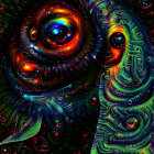 Cosmic-themed digital artwork: Eye with galaxy, abstract patterns, celestial objects