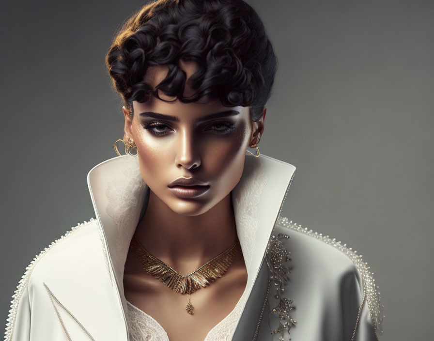 Stylish woman in white coat and gold jewelry exudes sophistication