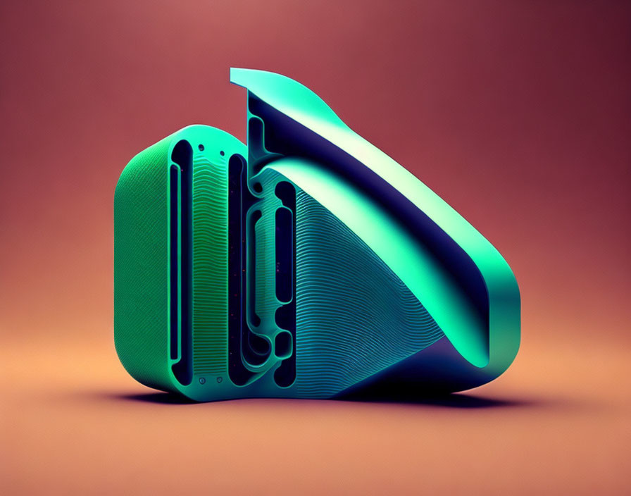 Abstract 3D digital art with glossy layered structures in green and blue on orange background