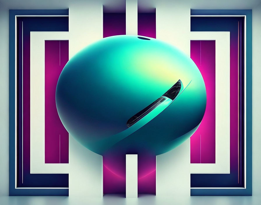 Glossy teal sphere in geometric neon maze background