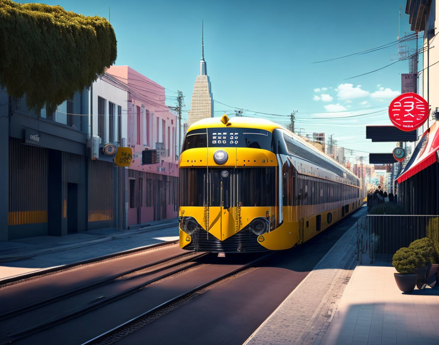 Vibrant yellow train in colorful urban setting