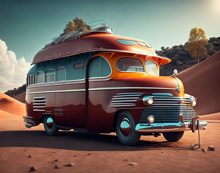 Red and Cream Retro-Futuristic Bus in Desert Landscape