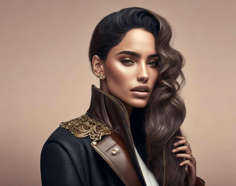 Portrait of a person with voluminous wavy hair and bold eyebrows in stylish jacket