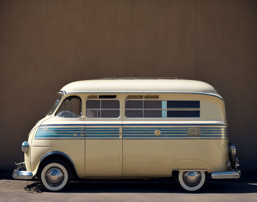 Cream-Colored Minibus with Blue Stripes on Brown Background