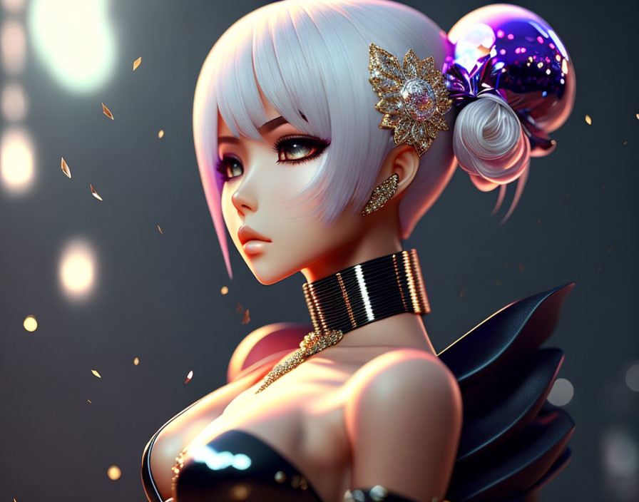 White-Haired Female Character with Golden Jewelry and Detailed Hair Accessory