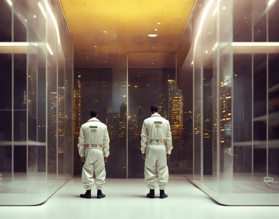 Two people in white uniforms in futuristic corridor with cityscape view.