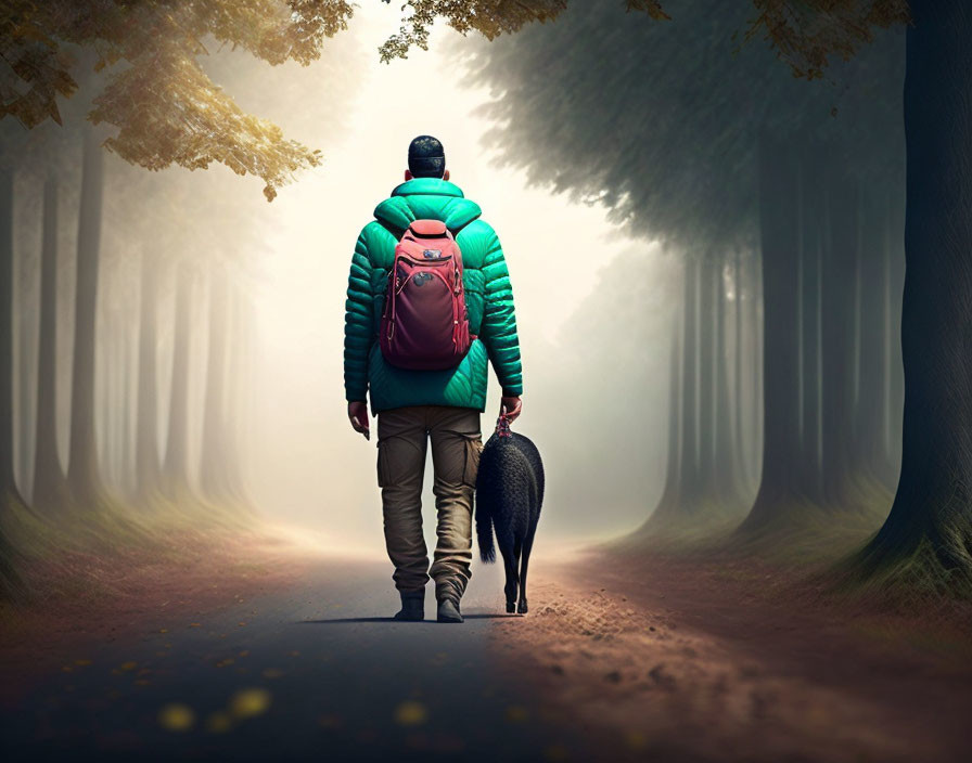 Person with backpack walking on misty road with black dog