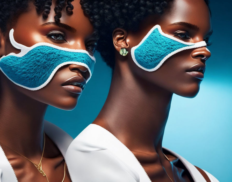 Stylized blue fabric masks on two women against blue background