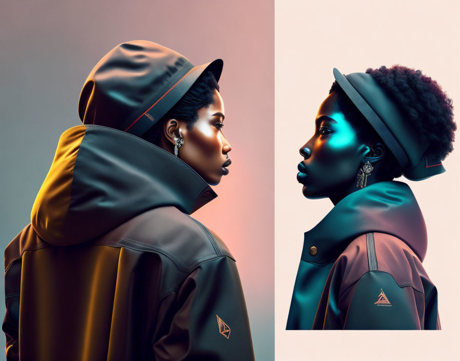 Stylish individuals in outerwear and hats against gradient backdrop