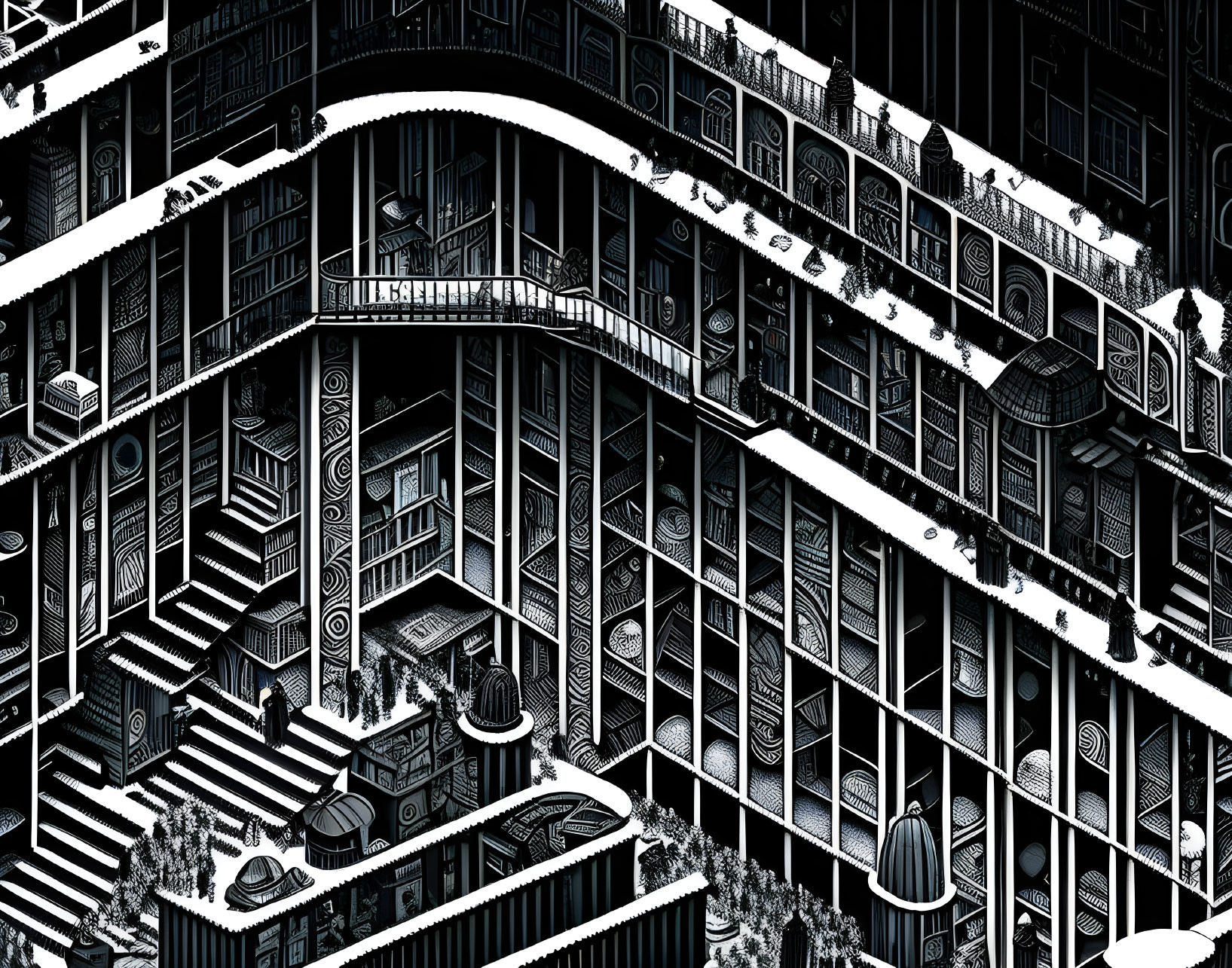 Detailed black and white library illustration with books, stairs, and reading areas