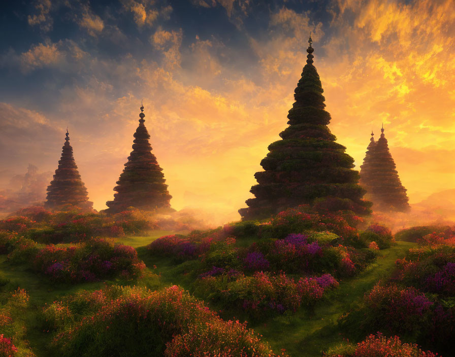 Fantasy landscape: Pagodas, wildflowers, sunset sky