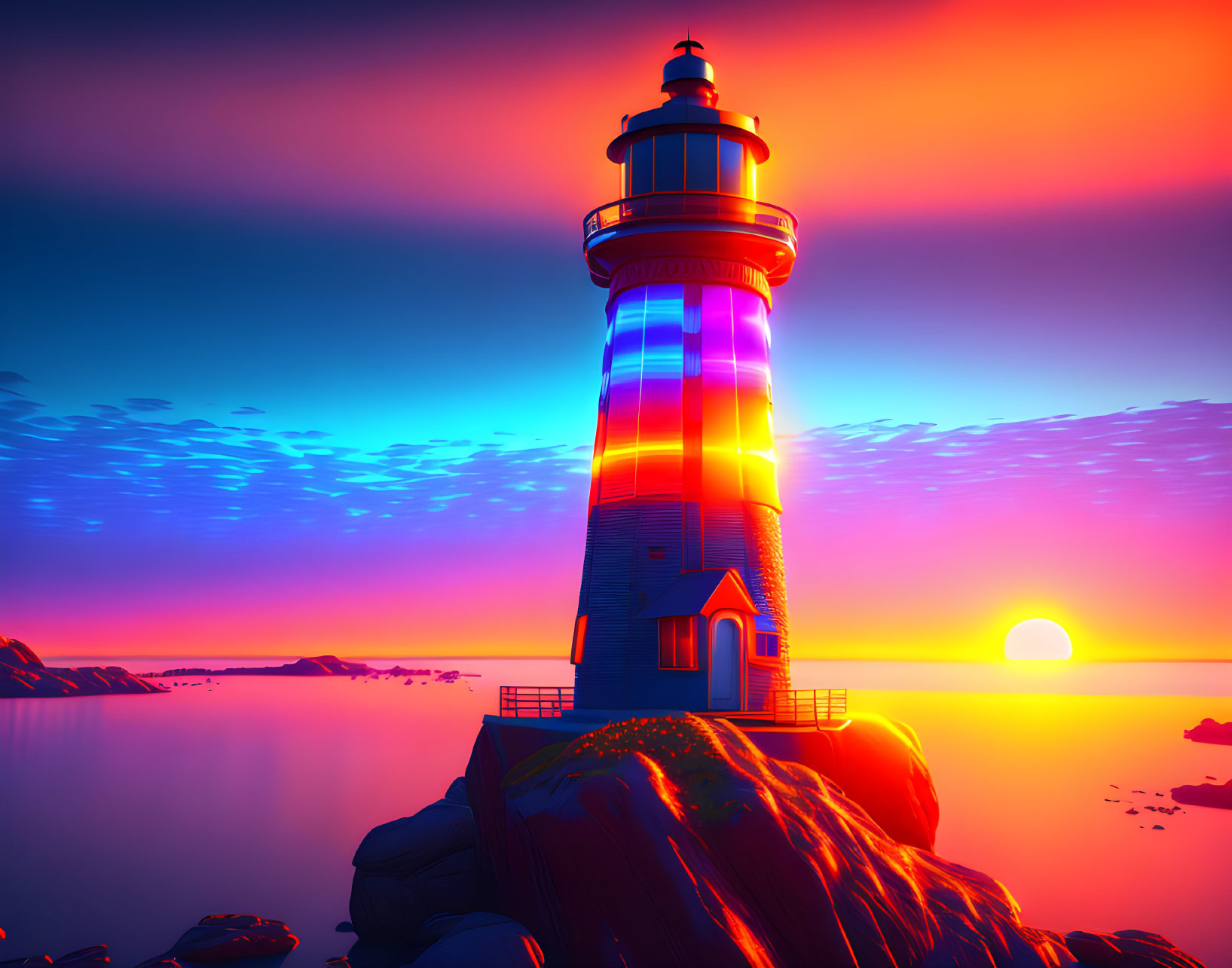 Vibrant sunset over sea with striped lighthouse