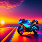 Vibrant neon-lit road with parked motorcycle at sunset