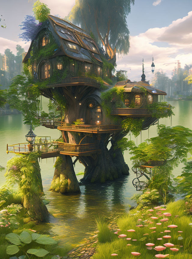 Whimsical treehouse in serene forest with balconies & lush greenery