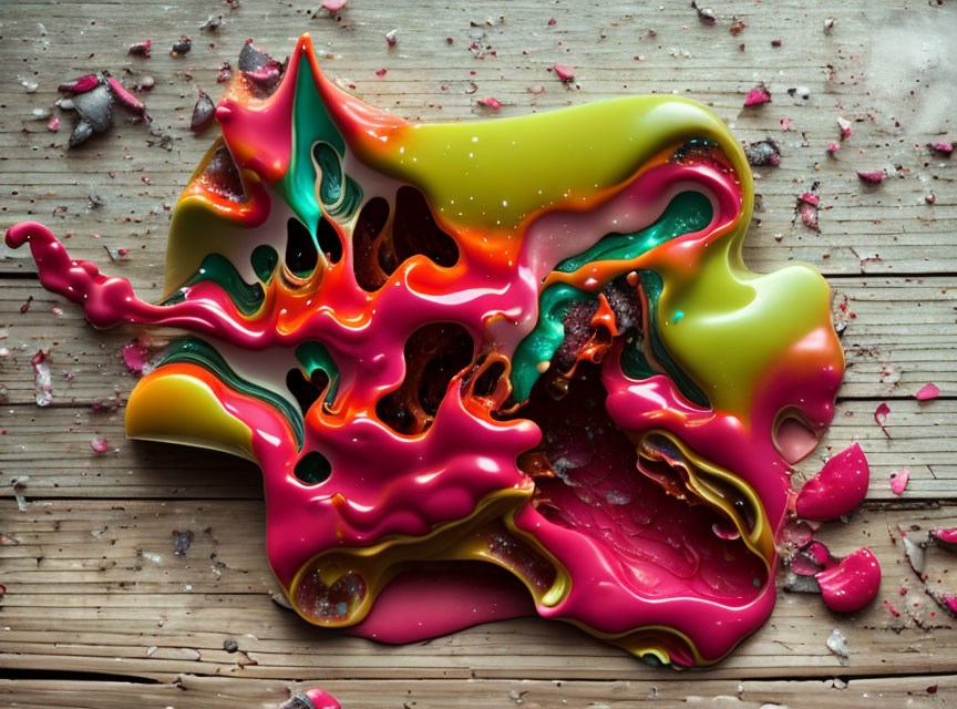 Colorful melted substance with glossy finish on wooden surface